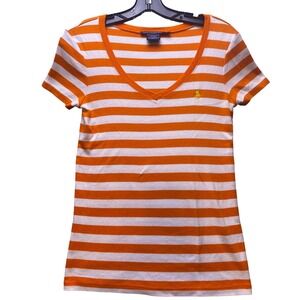 Ralph Lauren Shirt Womens Medium Sport Orange Striped V‎ Neck Preppy Academia